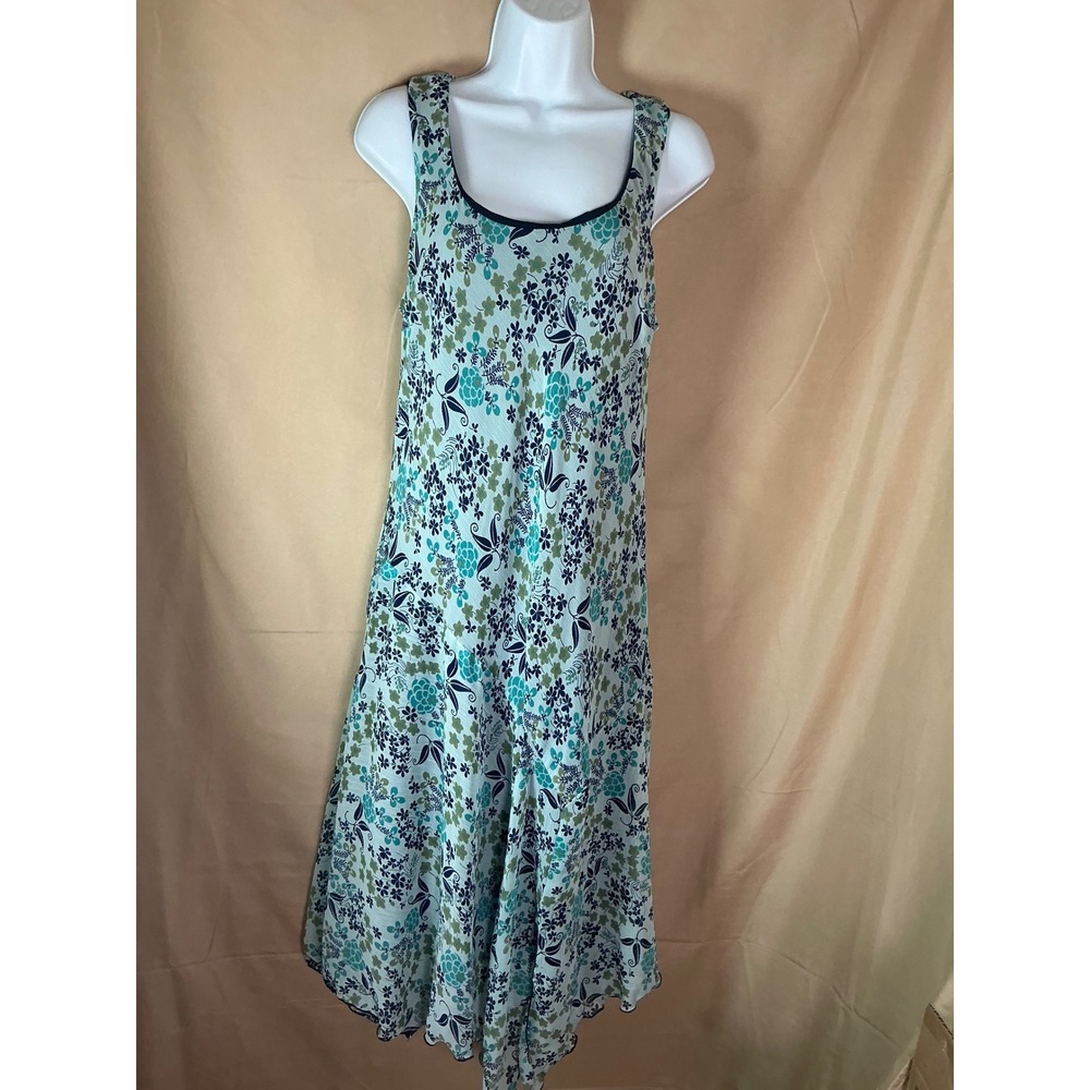 Behera Floral Midi Dress Women Size 10 Blue Teal Excellent Sleeveless Scoop Neck